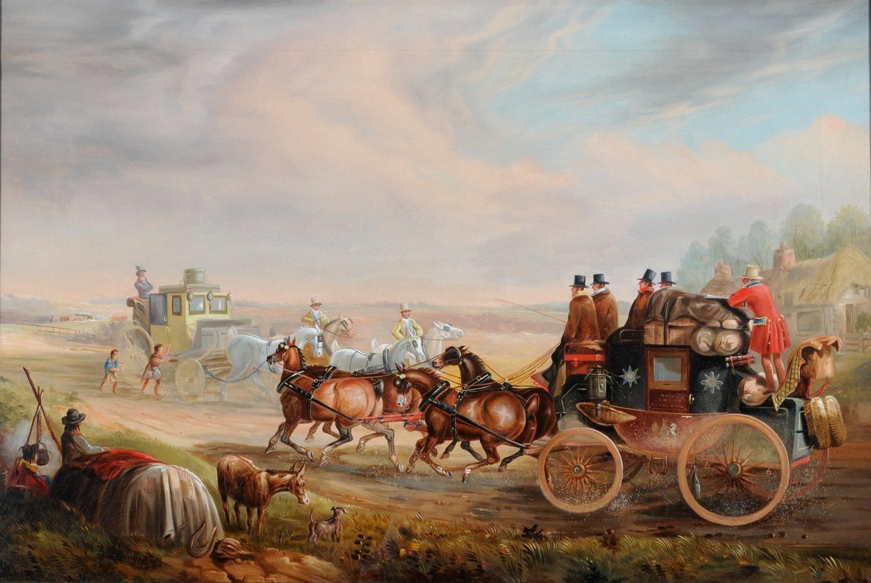 Poczta Królewska Hull-London spotykająca rydwan na drodze, ok. 1835 (olej na płótnie) autorstwa Charles Cooper Henderson
