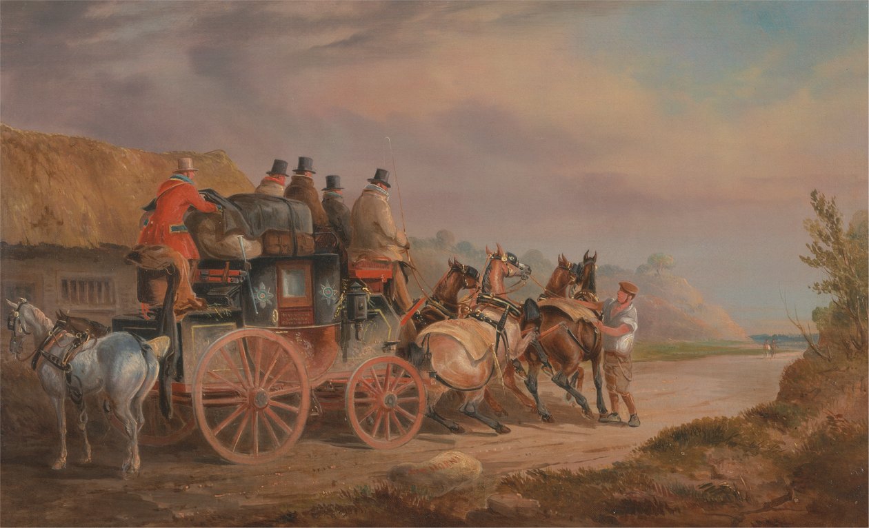 Autokary pocztowe w drodze: „Quicksilver” Devonport-London Royal Mail wkrótce rozpocznie pracę z nowym zespołem (autokar z Devonshire do Londynu) autorstwa Charles Cooper Henderson