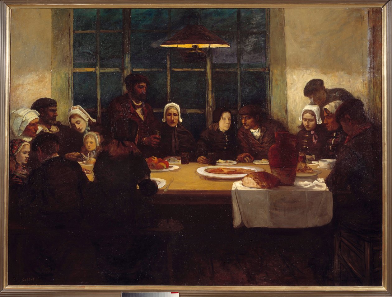 Pożegnalny posiłek w nadmorskiej krainie bretońskiej rodziny zebrał się wokół stołu. Centralny panel tryptyku autorstwa Charlesa Cotteta (1863-1924). 1898 niedz. 1,76x2,37 m Paryż, musee d