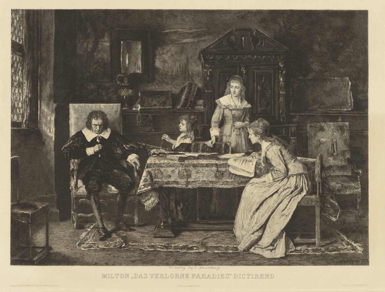 Milton, siedząc w fotelu, dyktuje swój raj utracony jednej z jego córek. W den r.r.h.Munkacsy w 1878 r. Na marginesie: Ch. Courty d