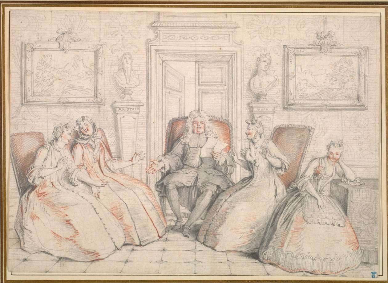 Trissotin czyta Filaminte, Bélise i Armande (z aktu 3, scena 2 "Les Femmes Savantes" Moliera autorstwa Charles Coypel