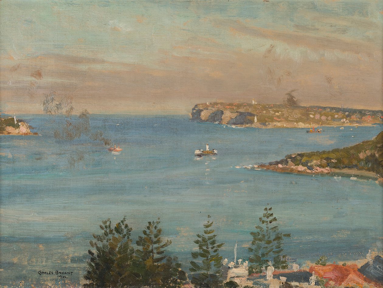 Patrząc w stronę Sydney Heads z północy miasta (olej na pokładzie) autorstwa Charles David Jones Bryant