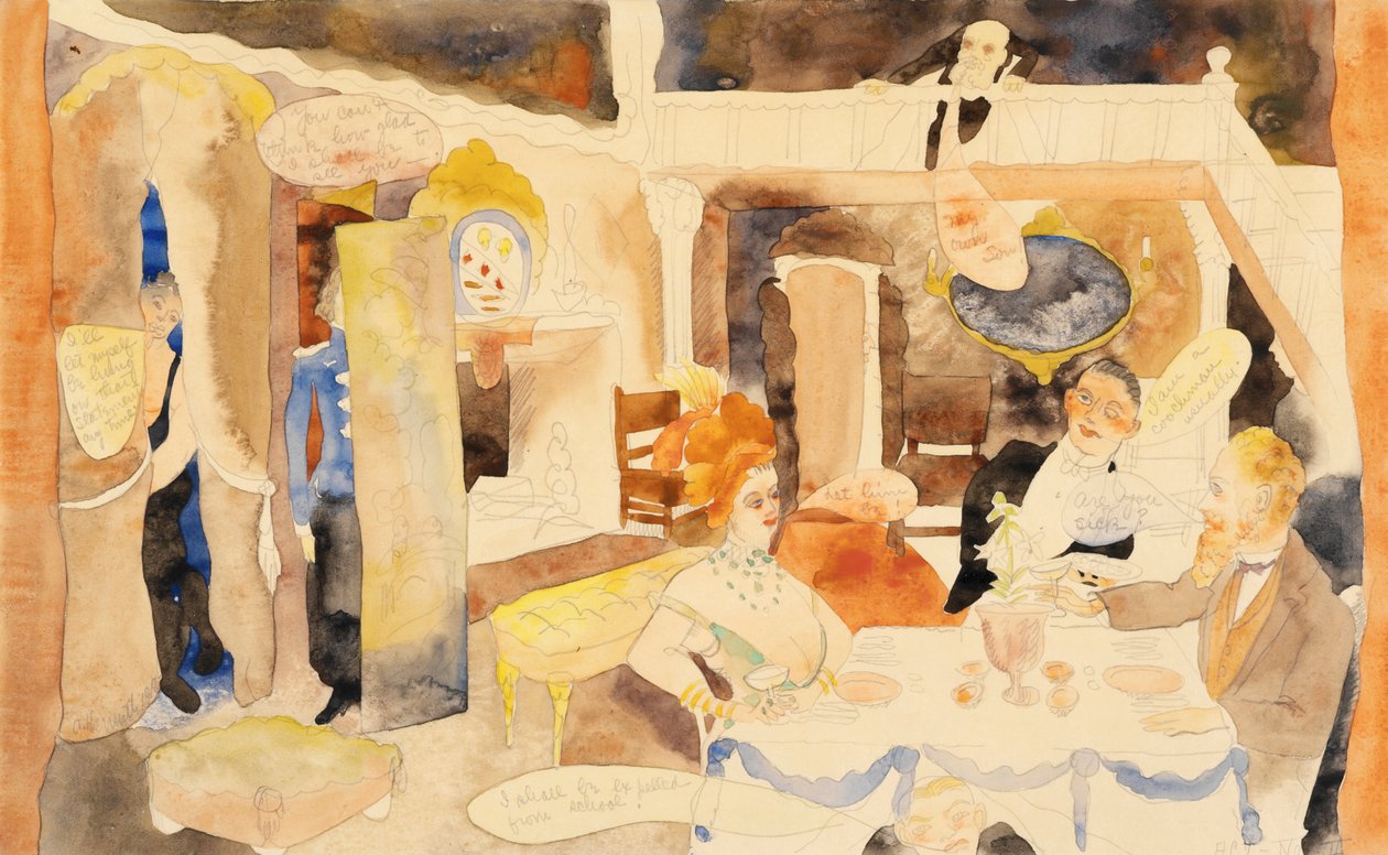 Lulu i Alva Schoen podczas lunchu, 1918 (toaleta i ołówek na papierze) autorstwa Charles Demuth