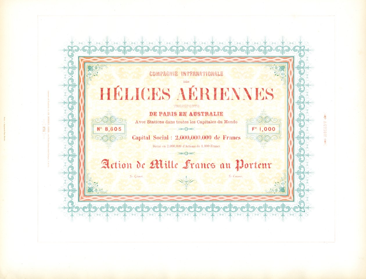 Szablon wzoru świadectwa udziałowego spółki Airship Company (wydruk) autorstwa Charles Derriey