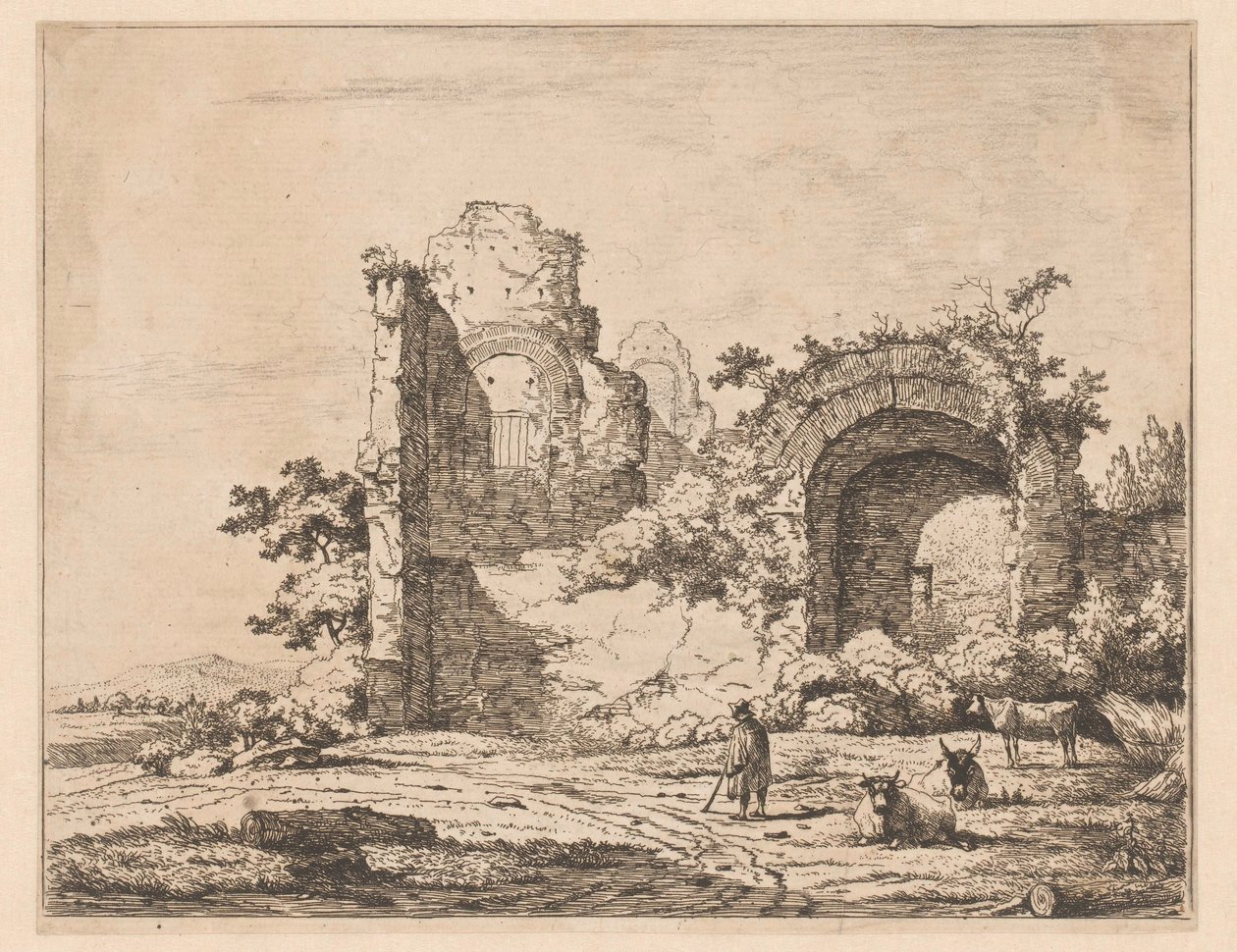 Krajobraz z ruiną i pasterzem Grafiki z ruinami w pejzażach (tytuł serii) Cahier de ruines et de paysages (tytuł serii) autorstwa Charles Echard (attributed to)