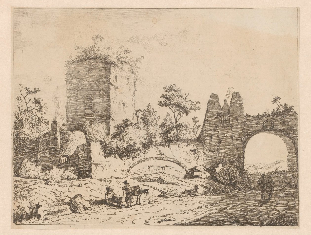 Krajobraz z ruinami wieży i bramą Grafiki z ruinami w pejzażach (tytuł serii) Cahier de ruines et de paysages (tytuł serii) autorstwa Charles Echard (attributed to)