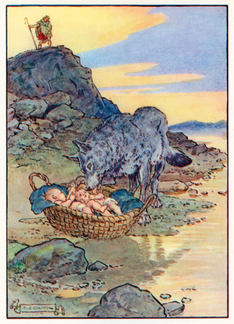 "Faustulus, królewski pasterz, przechodząc obok, zobaczył, że polizała je językiem" (kolorowa litografia) autorstwa Charles Edmund (after) Brock