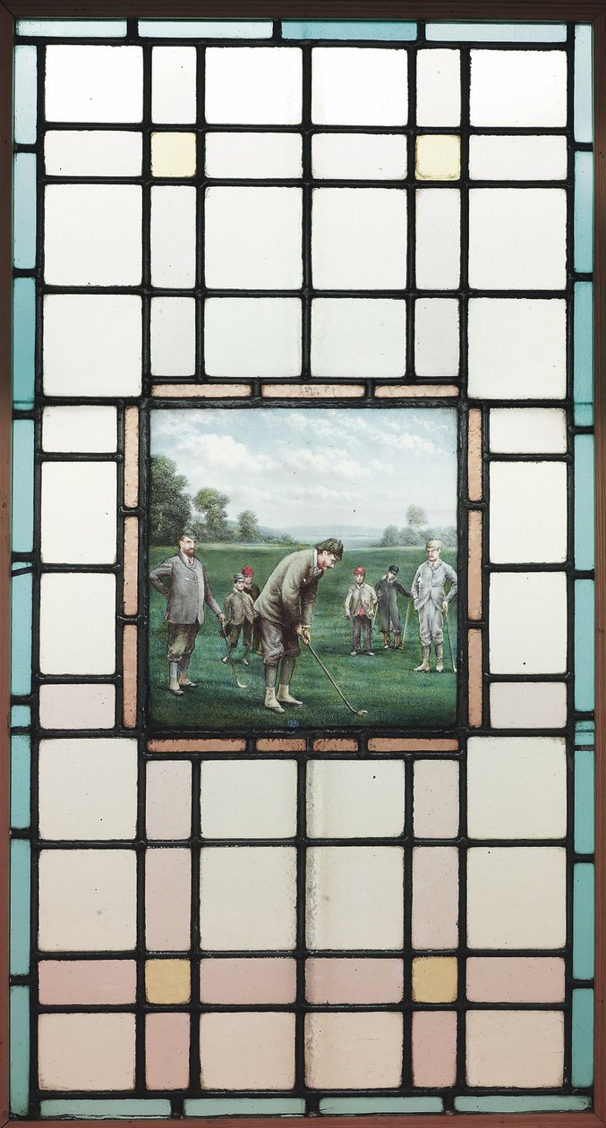 Późno-wiktoriańskie okno ze szkła ołowiowego z golfistami, ok. godz. 1890 autorstwa Charles Edmund Brock