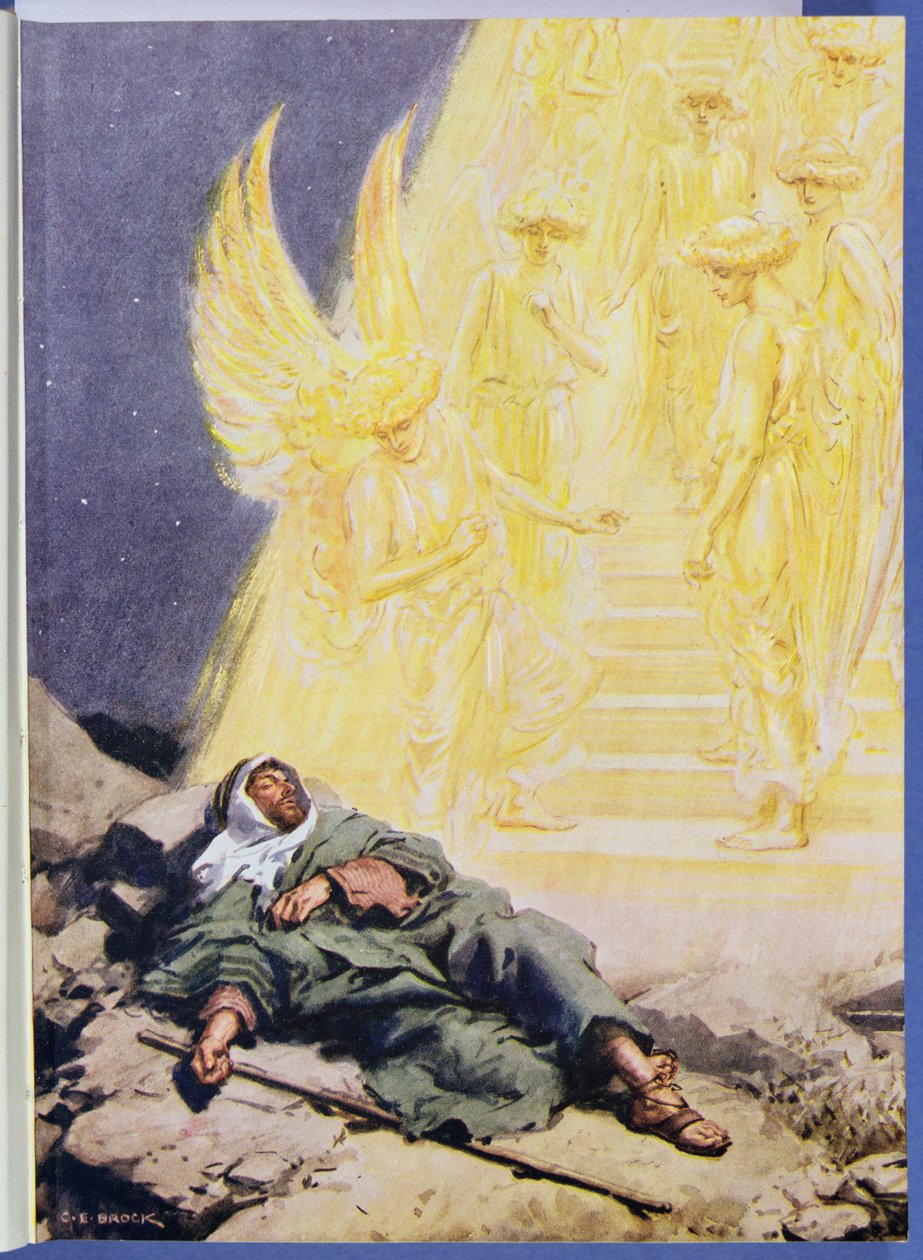 „Widzi kręte schody, sięgające z ziemi do nieba, lśniące chwałą”, ilustracja z „Przez Biblię”, Virtue Publishing, 1928 autorstwa Charles Edmund Brock