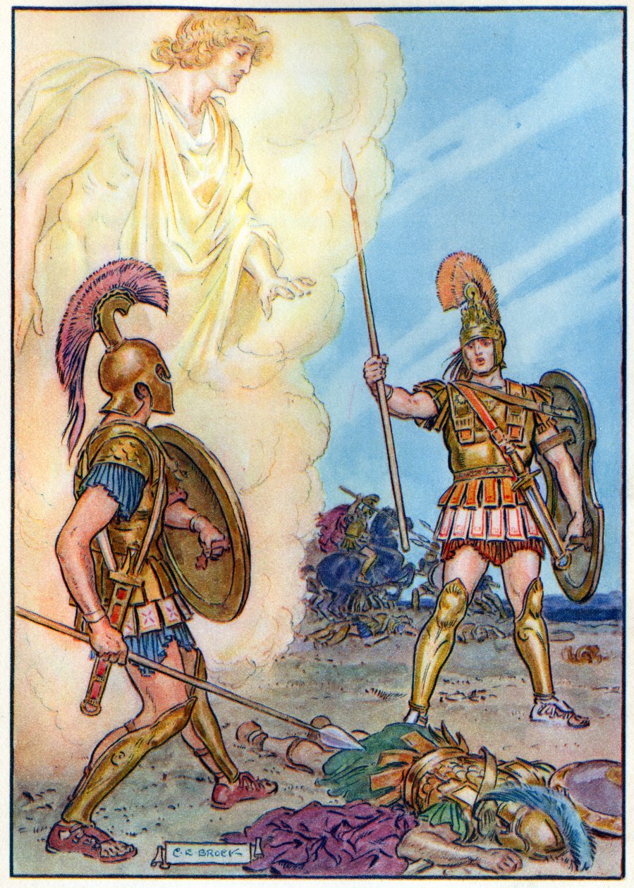 Hector uratowany przez Apolla, z „Godziny dla dzieci: Historie z klasyki”, wydanej przez Waverley Book Company autorstwa Charles Edmund Brock