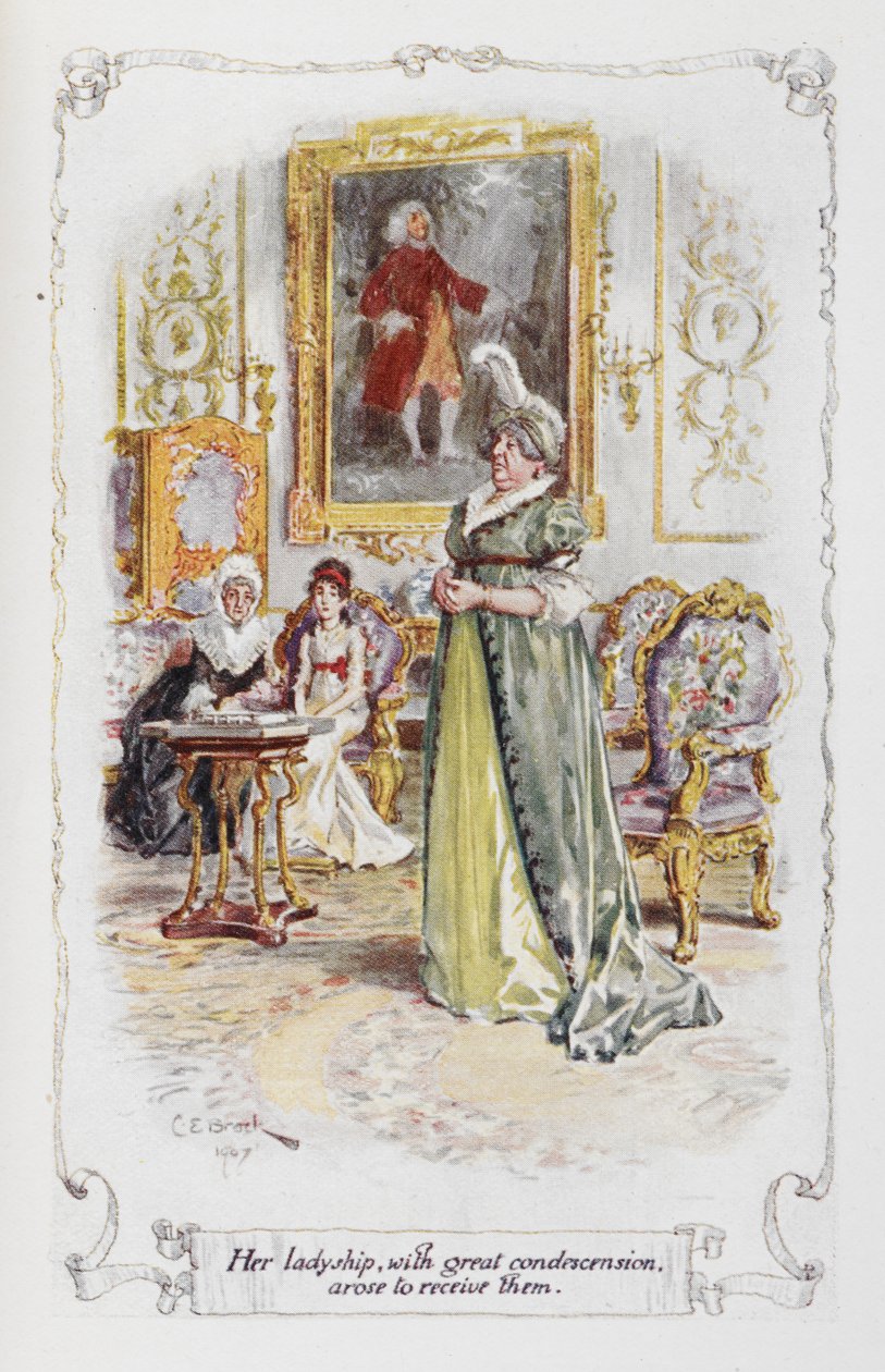 Jej jaśnie pani z wielką protekcjonalnością wstała, aby je przyjąć, ilustracja z „Duma i uprzedzenie” Jane Austen (kolor lito) autorstwa Charles Edmund Brock