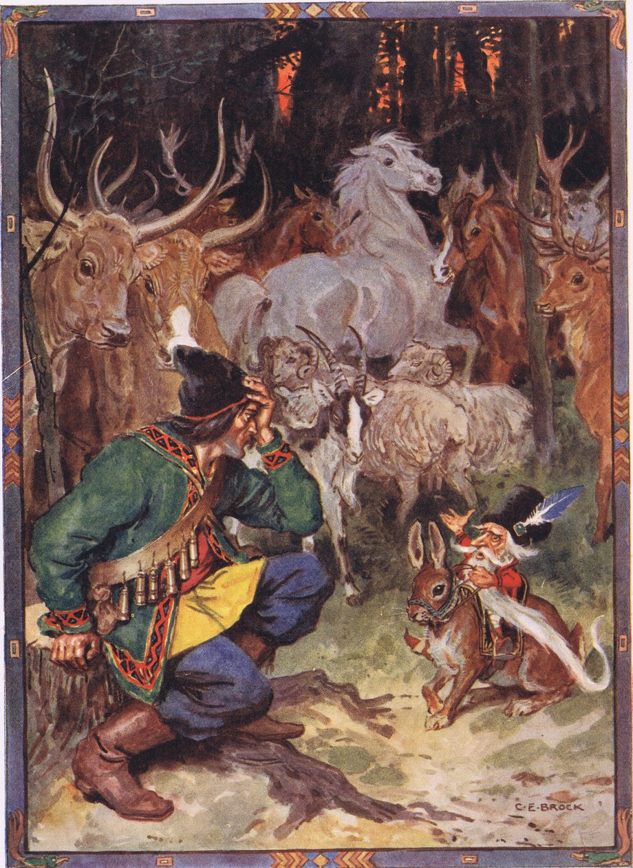 Hej! Dobry człowieku, wiem, co cię trapi, scena z Orła Sur w Opowieściach dla dzieci z rumuńskich legend Mojżesza Gastera (1856-1939) 1921 autorstwa Charles Edmund Brock