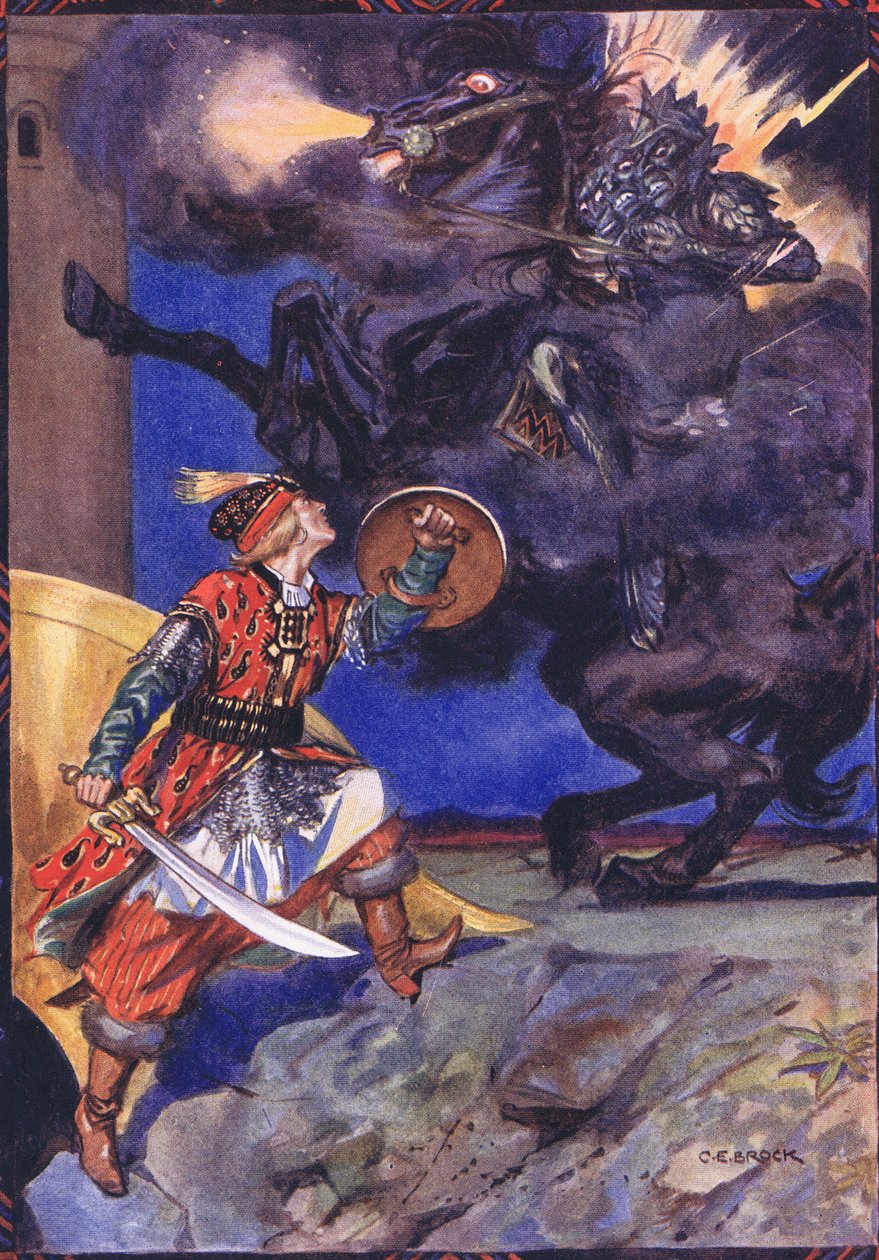 Przybyłem walczyć z tobą, Zbójco mojej Ukochanej, scena z Suchej Murgi w Opowieściach dziecięcych z rumuńskich legend Mojżesza Gastera (1856-1939) 1921 autorstwa Charles Edmund Brock