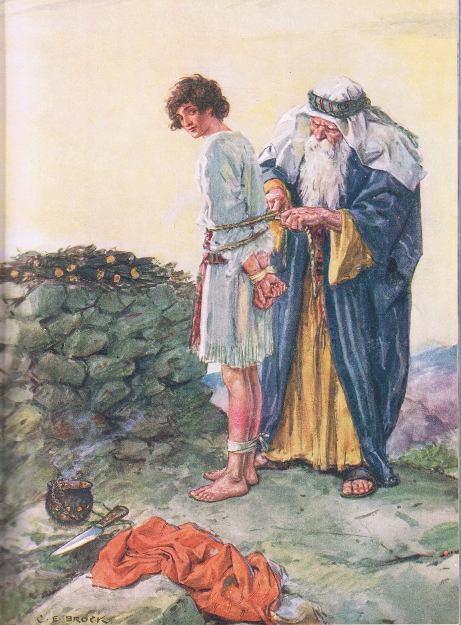 Czy Izaak umrze? ilustracja z książki Przez Biblię, Virtue Publishing, 1928 autorstwa Charles Edmund Brock