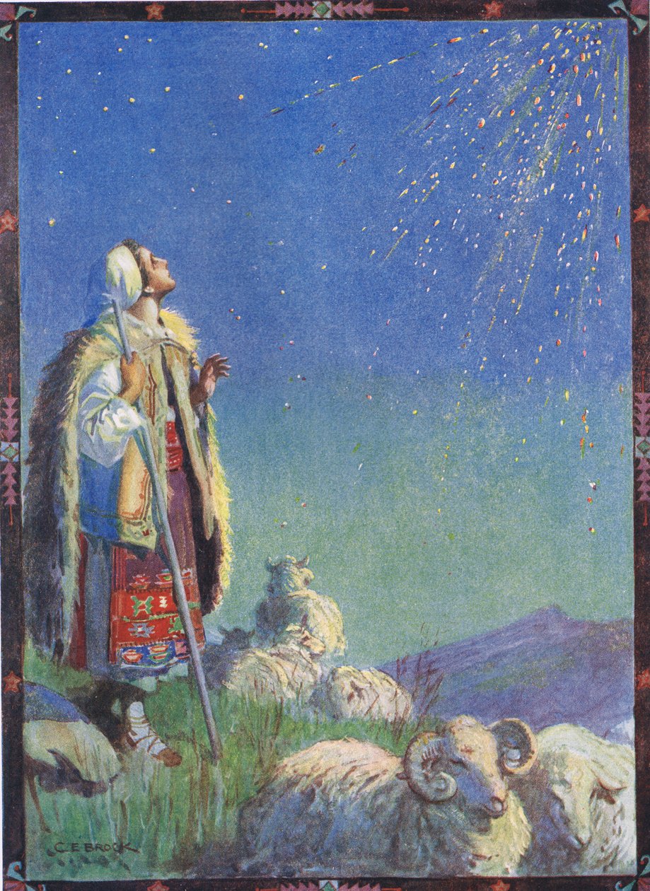 Spadł jak deszcz iskier, scena z „Historii świetlika” w „Opowieściach dziecięcych z rumuńskich legend” Mosesa Gastera (1856-1939) 1921 autorstwa Charles Edmund Brock