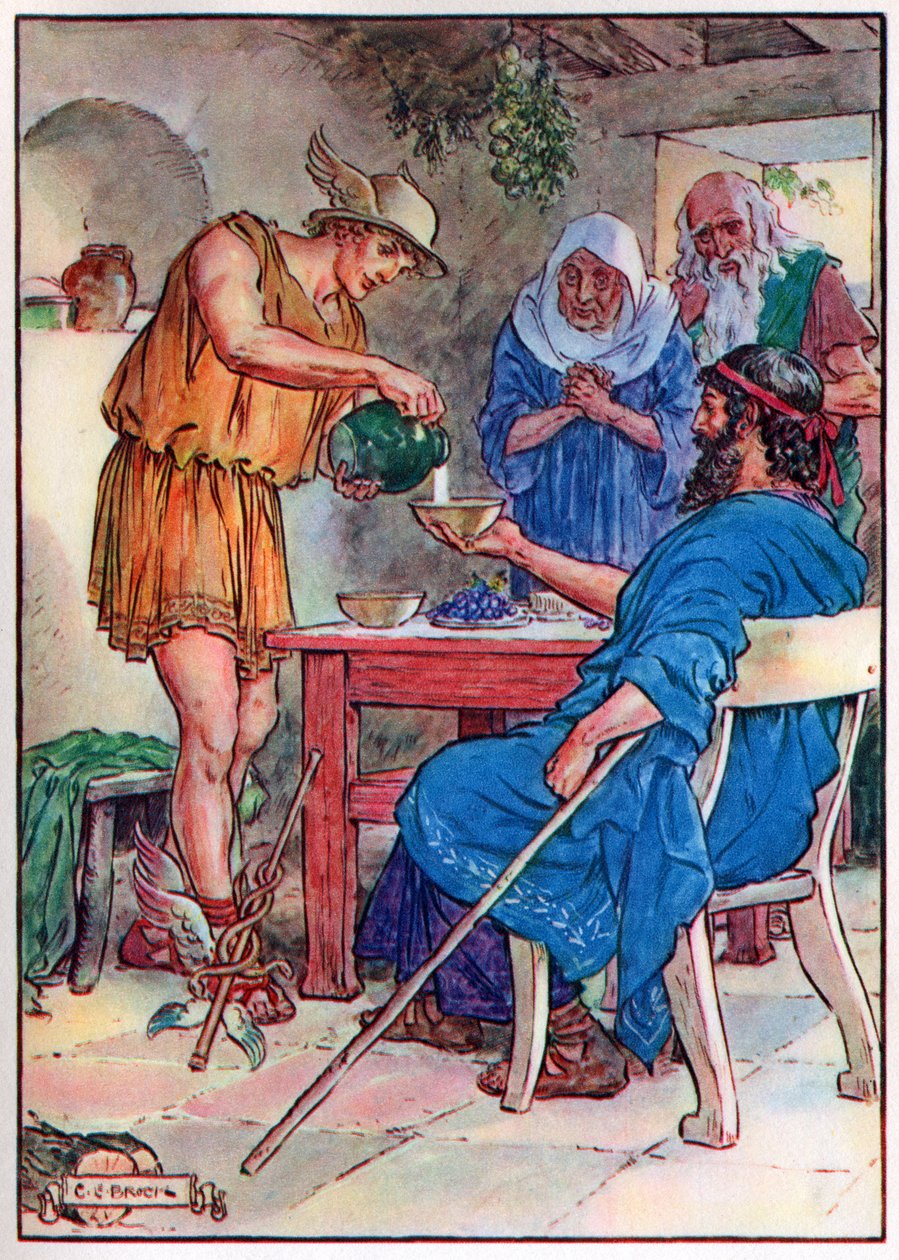 Jowisz i Merkury w Domu Filemona i Baucis, z „Godziny dla dzieci: Historie z klasyki”, wydanej przez Waverley Book Company autorstwa Charles Edmund Brock
