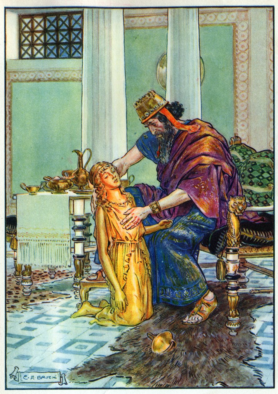 Król Midas i jego córka, z „Godziny dla dzieci: Historie z klasyki”, wydanej przez Waverley Book Company autorstwa Charles Edmund Brock