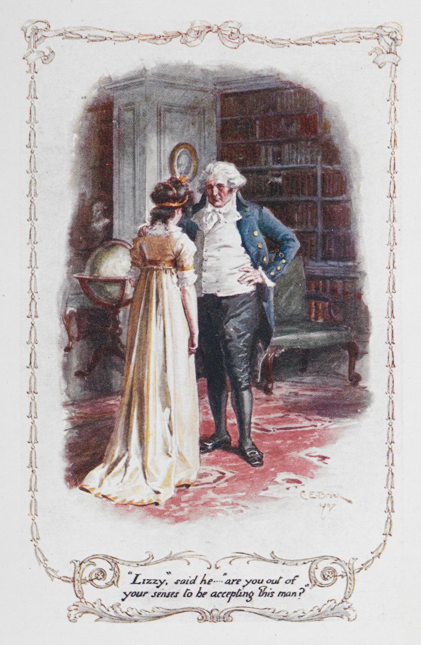 „Lizzy”, powiedział… „czy masz zmysły, aby zaakceptować tego mężczyznę?”, ilustracja z „Duma i uprzedzenie” Jane Austen (kolor lito) autorstwa Charles Edmund Brock