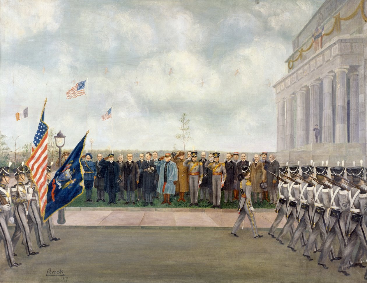Marszałek Joffre z misją do Waszyngtonu przeprowadzający inspekcję studentów West Point, wiosna 1917 r., Charles Edmund Brock (1870-1938), I wojna światowa, Stany Zjednoczone, XX wiek autorstwa Charles Edmund Brock