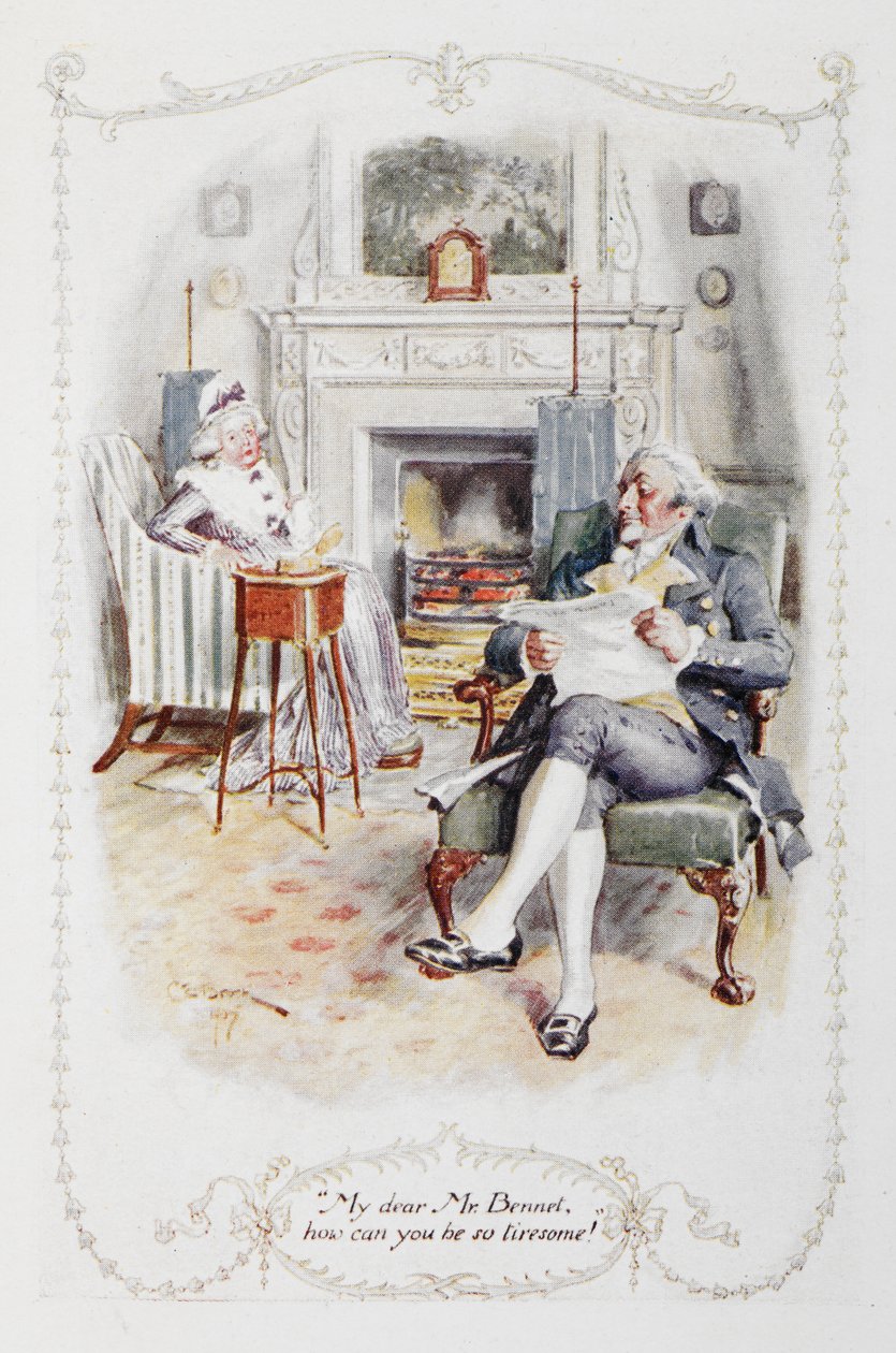 „Mój drogi panie Bennet, jak możesz być taki męczący!”, ilustracja z „Duma i uprzedzenie” Jane Austen (kolor lito) autorstwa Charles Edmund Brock
