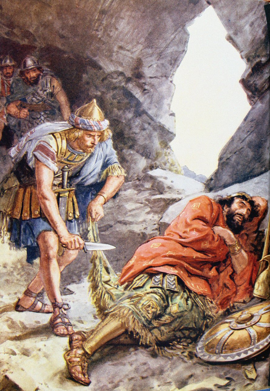 „Pewnego razu uratował życie Saula, gdy znalazł go śpiącego w jaskini” ilustracja z rocznika „Through the Bible”, 1928 autorstwa Charles Edmund Brock
