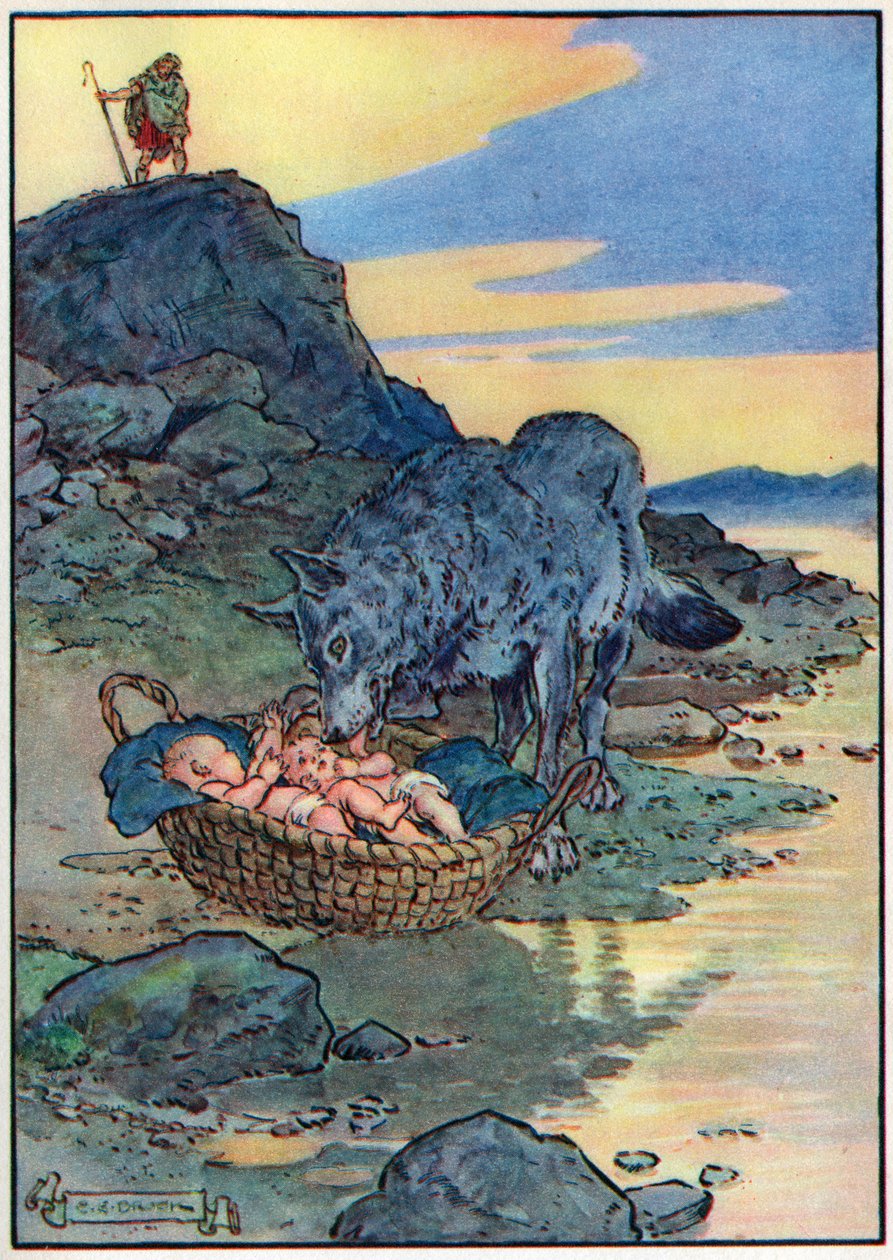 Romulus i Remus, z „Godziny dla dzieci: Historie z klasyki”, wydanej przez Waverley Book Company autorstwa Charles Edmund Brock
