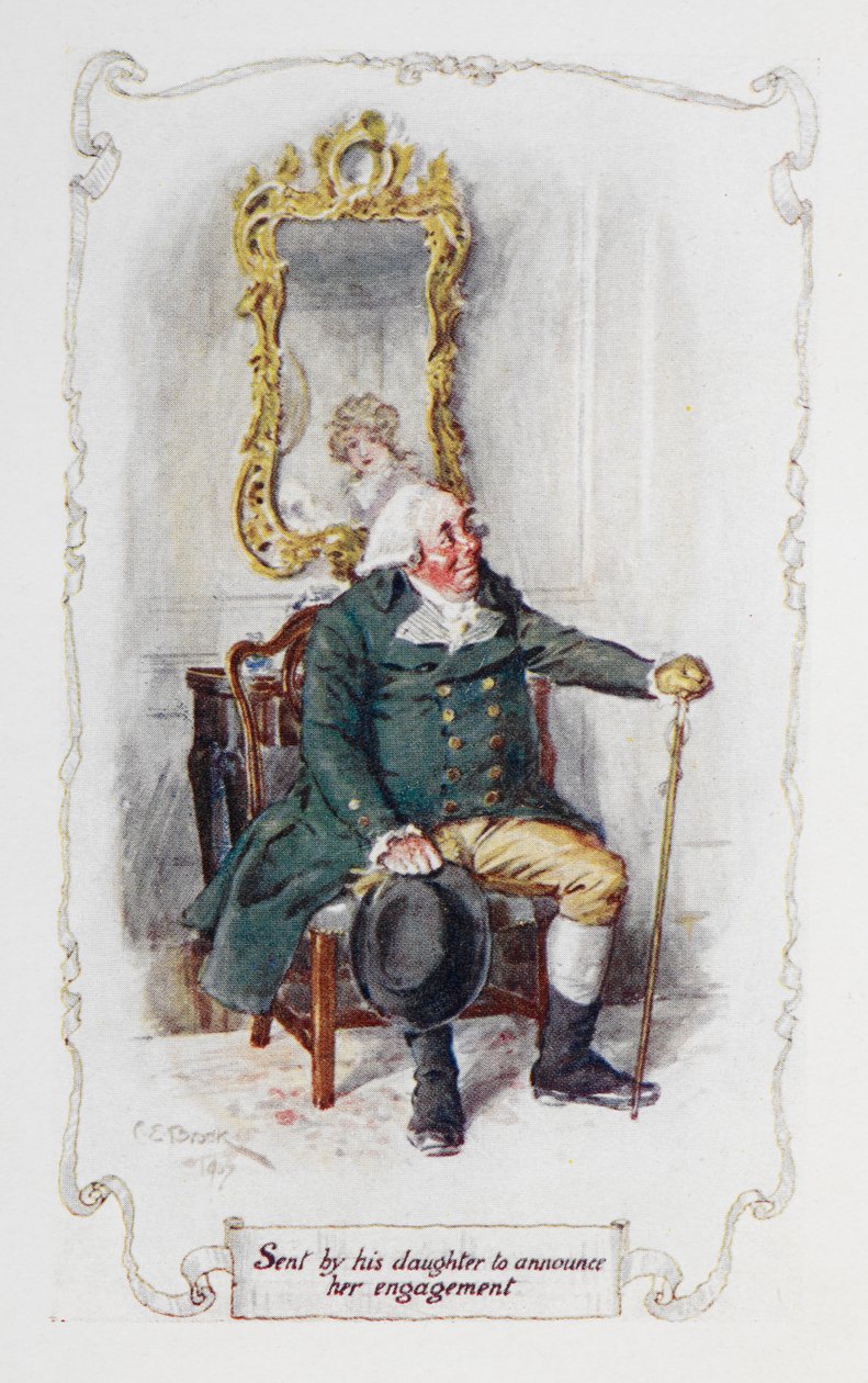 Wysłany przez córkę w celu ogłoszenia jej zaręczyn, ilustracja z „Duma i uprzedzenie” Jane Austen (kolor lito) autorstwa Charles Edmund Brock
