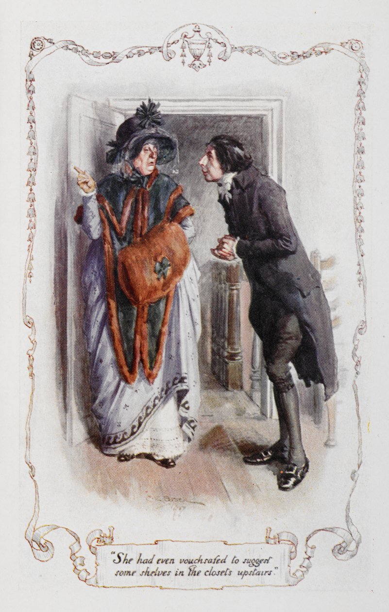 Nawet raczyła zasugerować kilka półek w szafach na piętrze, ilustracja z „Duma i uprzedzenie” Jane Austen (kolor lito) autorstwa Charles Edmund Brock