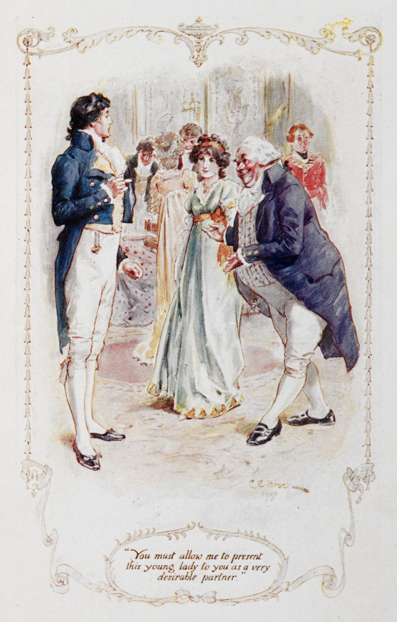 Sir William Lucas: „Panie Darcy, musi pan pozwolić mi przedstawić panu tę młodą damę jako bardzo pożądaną partnerkę (Elizabeth Bennet)” ilustracja do „Dumy i uprzedzenia” Jane Austen autorstwa Charles Edmund Brock