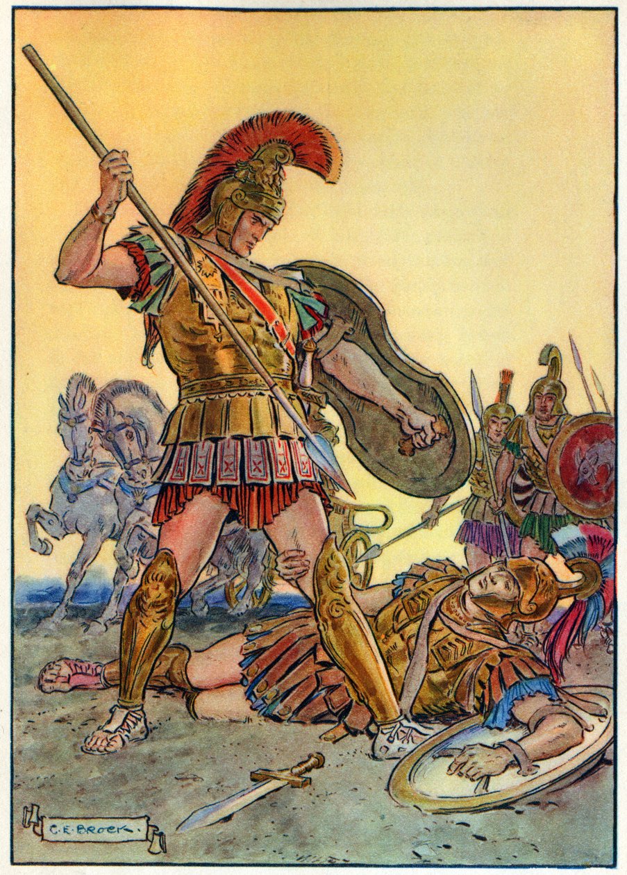 Śmierć Hectora, z „Godziny dla dzieci: Historie z klasyki”, wydanej przez Waverley Book Company autorstwa Charles Edmund Brock