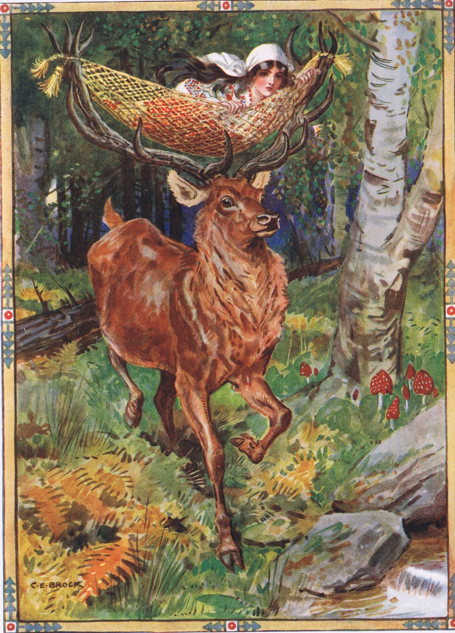 Jeleń z jedwabnym hamakiem z Opowieści dla dzieci z rumuńskich legend Mojżesza Gastera (1856-1939) 1921 autorstwa Charles Edmund Brock