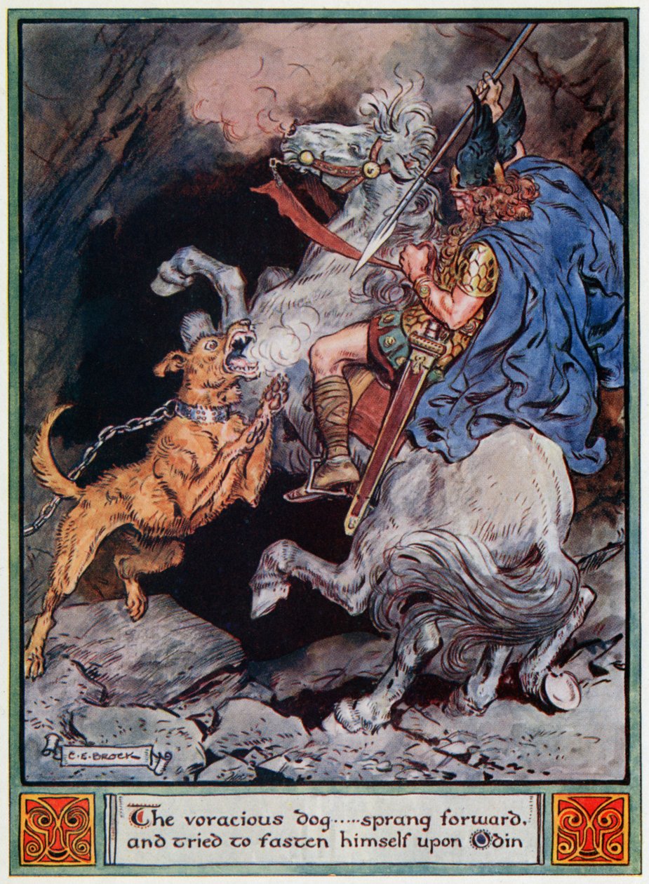 „żarłoczny pies… rzucił się do przodu i próbował przywiązać się do Odyna”, ilustracja z „Bohaterowie Asgardu, opowieści z mitologii skandynawskiej”, autorstwa A i E Keary, 1930 autorstwa Charles Edmund Brock