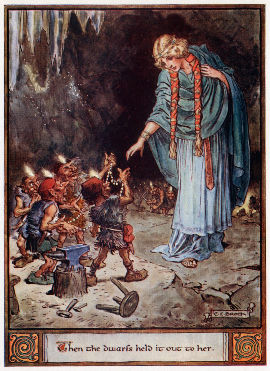 „Wtedy podały jej to krasnoludy”, ilustracja z „Bohaterowie Asgardu, opowieści z mitologii skandynawskiej”, A und E Keary, 1930 autorstwa Charles Edmund Brock