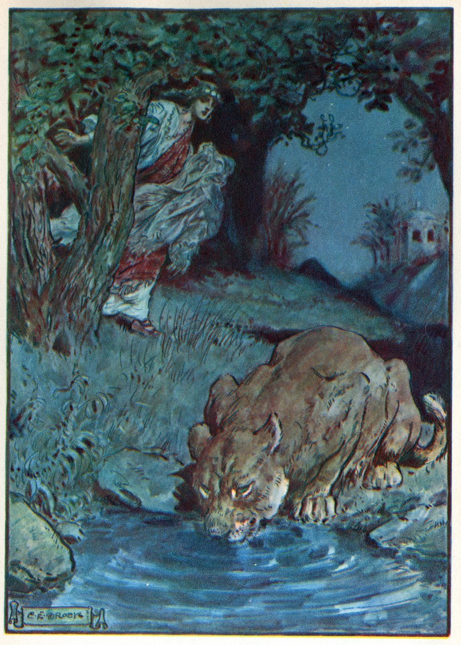 Thisbe and the Lioness, z „Godziny dla dzieci: Historie z klasyki”, wydanej przez Waverley Book Company autorstwa Charles Edmund Brock