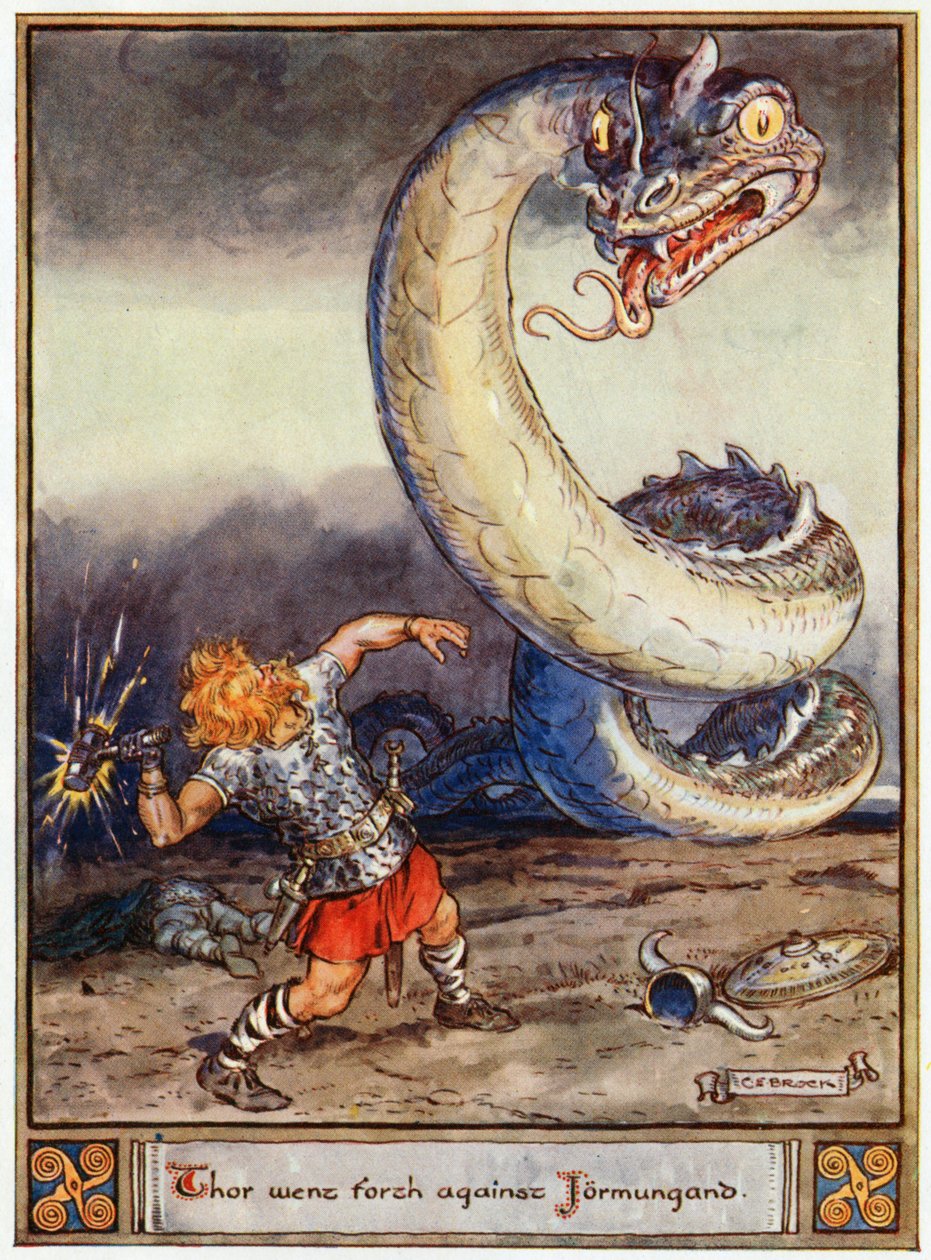 „Thor wyruszył przeciwko Jormungandowi”, ilustracja z „Bohaterów Asgardu, opowieści z mitologii skandynawskiej”, autorstwa A und E Keary, 1930 autorstwa Charles Edmund Brock