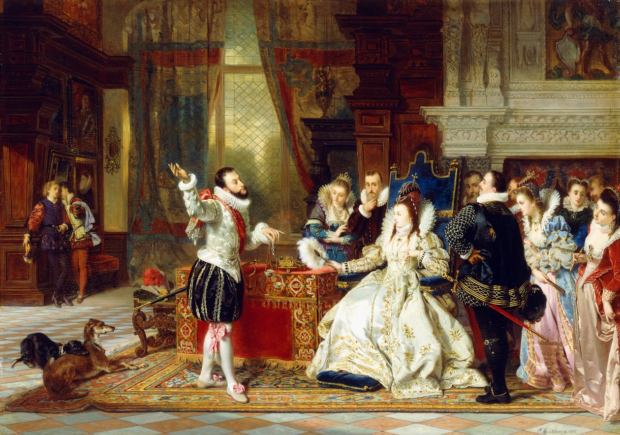 Sir Walter Raleigh i królowa Elżbieta, 1875 r autorstwa Charles Edouard Boutibonne