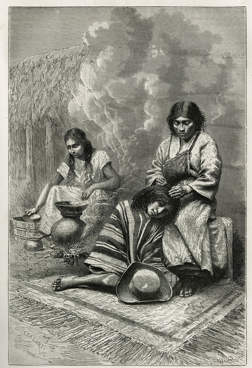 Zepsucie dziecka przez matkę i produkcja cane eau de vie (rum) w pobliżu Cali (Dolina Cauca, Kolumbia), grawer autorstwa Ch.Delort, aby zilustrować historię Equinoxiale America autorstwa E.Andre, misję misyjną autorstwa E.Andre rząd francuski, opublikowany autorstwa Charles Edouard Delort