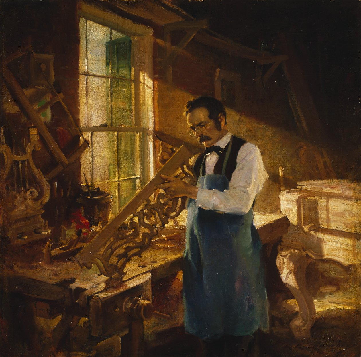 Henry Engelhard Steinway przy swoim stole warsztatowym, ok. 1920 autorstwa Charles Edward Chambers