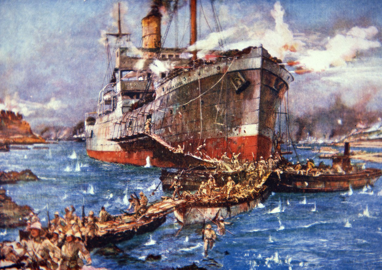 Wojska brytyjskie z rzeki Clyde lądują na plaży V, Gallipoli, 25 kwietnia 1915 (kolor lito) autorstwa Charles Edward Dixon