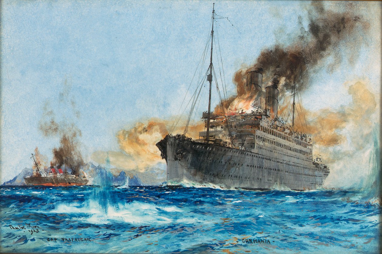 Carmania" zatapia "Cap Trafalgar" u wybrzeży Trinidade na południowym Atlantyku autorstwa Charles Edward Dixon