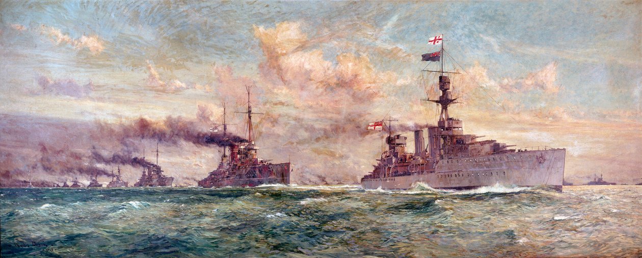 HMS "Cardiff" prowadzący niemiecką flotę pełnomorską do kapitulacji w zatoce Firth of Forth, 21 listopada 1918 r. autorstwa Charles Edward Dixon