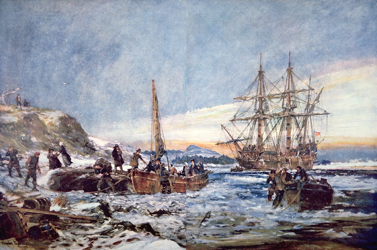 Lądowanie Ojców Pielgrzymów w Plymouth w Nowej Anglii w 1620 roku (akwarela na papierze) autorstwa Charles Edward Dixon