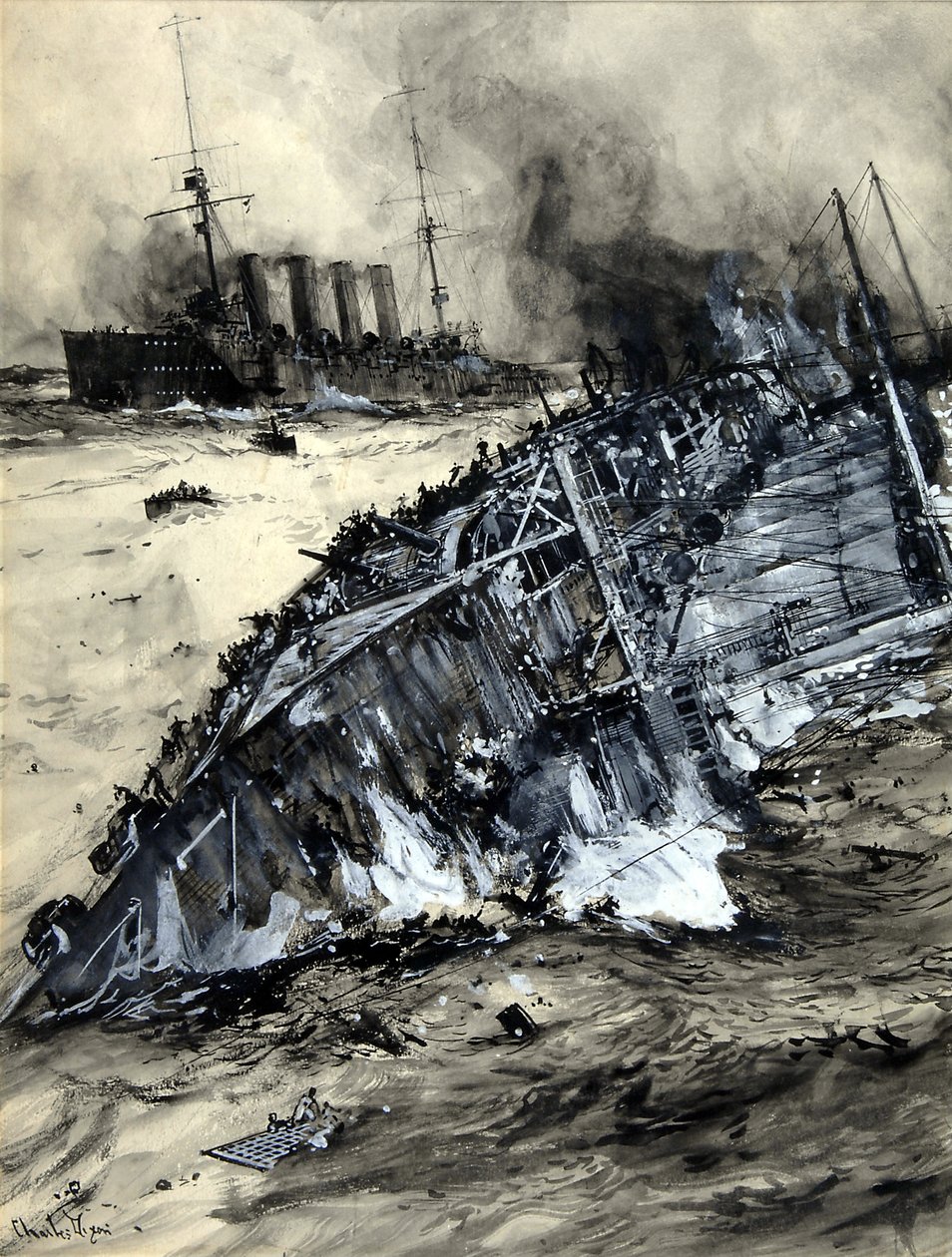 Zatonięcie HMS Hogue, Cressy i Aboukir (wc na papierze) autorstwa Charles Edward Dixon