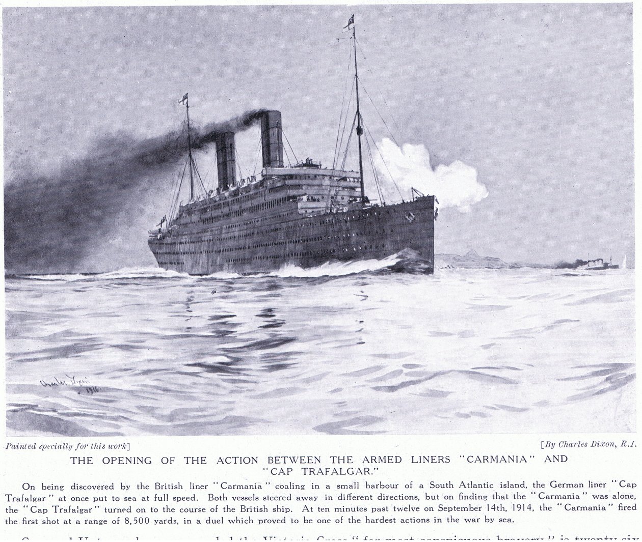 Akcja otwarcia między uzbrojonymi liniowcami Carmania i Cap Trafalgar na południowym Atlantyku, wrzesień 1915 r. autorstwa Charles Edward Dixon