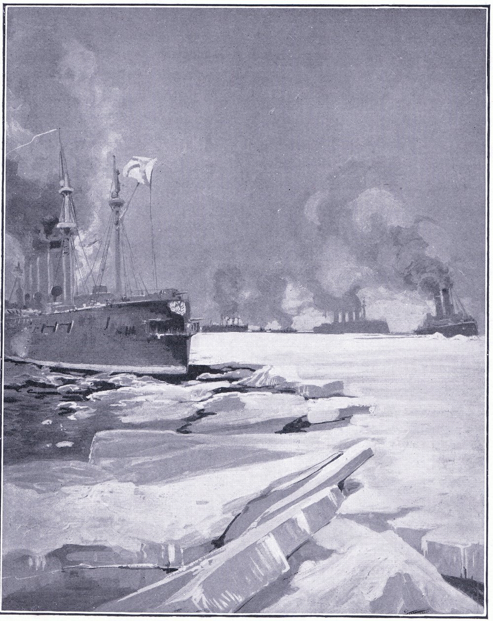 Eskadra Władywostoku przedziera się przez lód z portu we Władywostoku, ilustracja z Historii wojny rosyjsko-japońskiej w Cassells, tom 1, ok. 1900 autorstwa Charles Edward Dixon