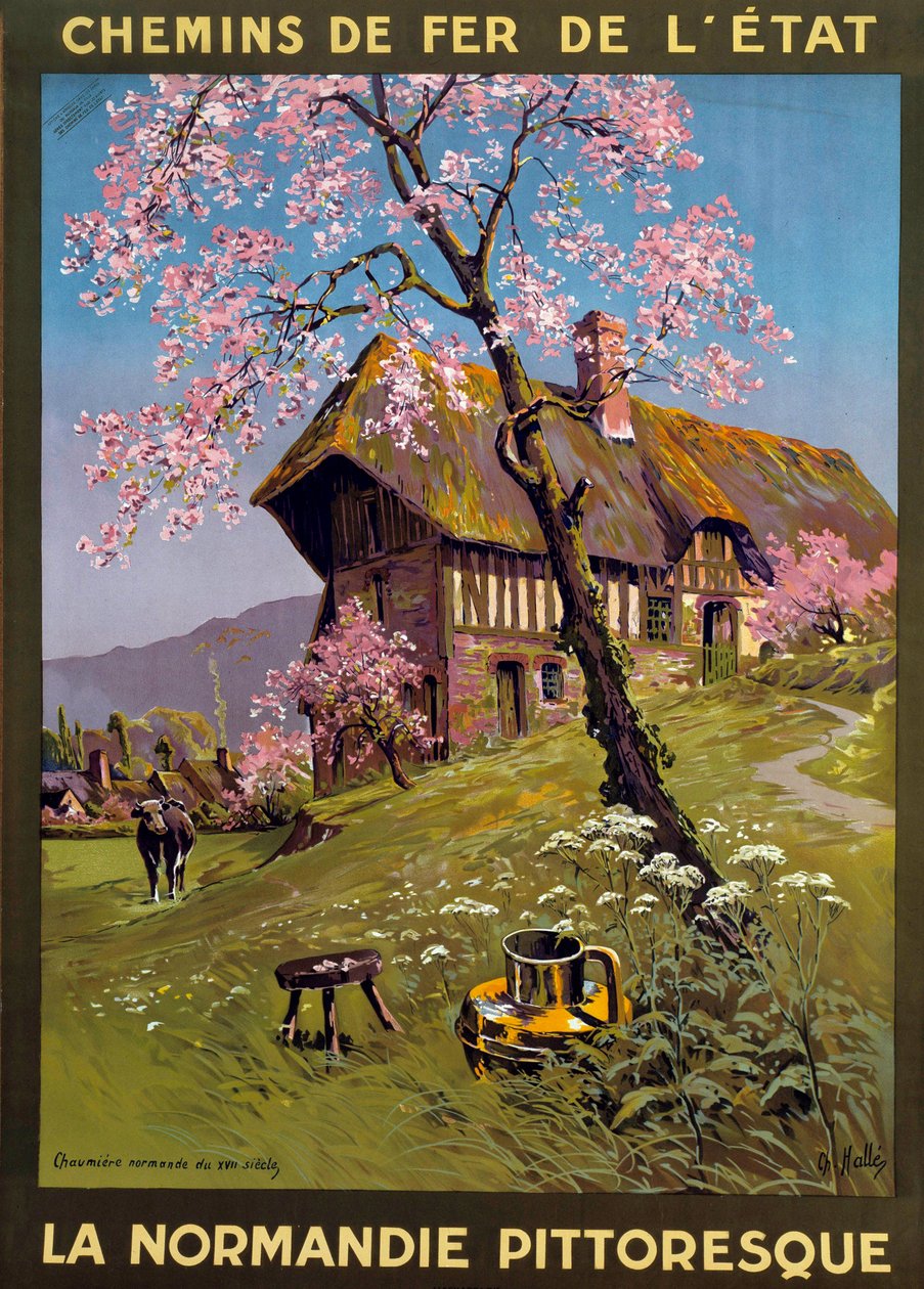 Plakat autorstwa Charlesa Edwarda Halle (1846-1919) dla Kolei Państwowych - Malownicza Normandia: XVII-wieczny domek na wsi w Normandii. XIX-wieczna kolekcja prywatna - Plakat Charlesa Edwarda Halle (1846-1919) dla Kolei Państwowych, malownicza Nor autorstwa Charles Edward Halle