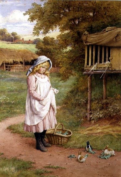 Karmienie królików (olej na płótnie) autorstwa Charles Edward Wilson