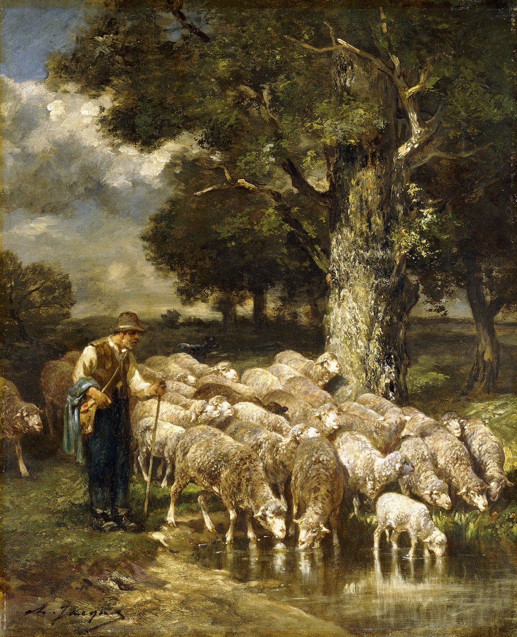 Pasterz pasący swoją trzodę, autorstwa Charles Emile Jacque
