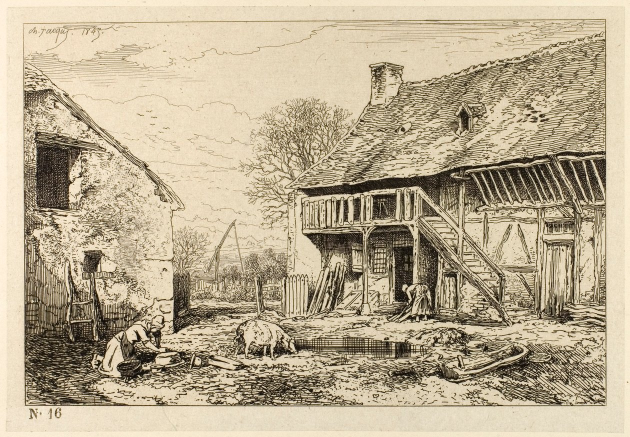 Dziedziniec domu chłopskiego autorstwa Charles Emile Jacque