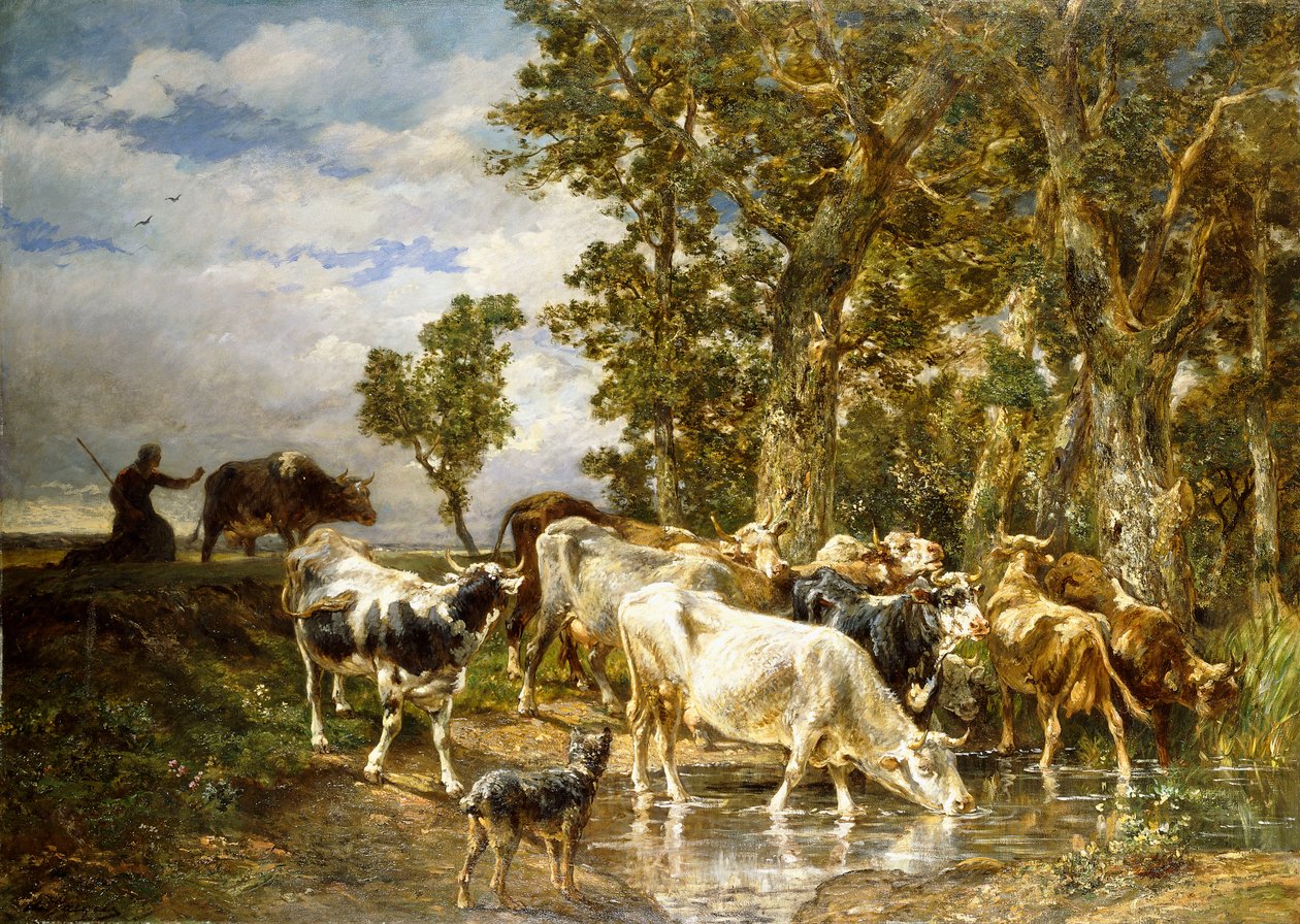 Stado krów przy basenie, autorstwa Charles Emile Jacque